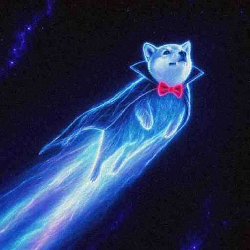 A glowing electric-blue shiba in a vampire cape and red bow tie flying upward through space